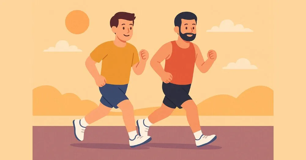 Illustration of two men running side by side in a marathon, symbolizing support, effort, and shared growth